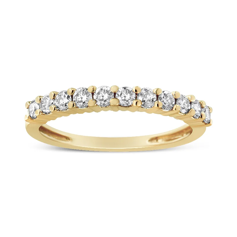 wedding rings with diamond halo settings-14K Yellow Gold Plated .925 Sterling Silver 1/2 cttw Shared Prong Set Brilliant Round-Cut Diamond 11 Stone Band Ring