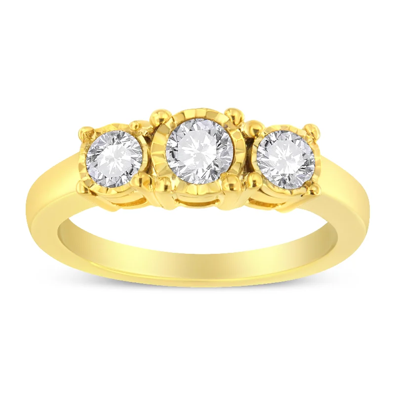 engagement rings with diamond bands for women-14K Yellow Gold Plated .925 Sterling Silver 3/4 Cttw Diamond Three Stone Illusion Plate Ring