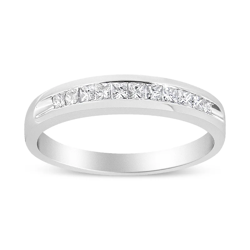 vintage-inspired engagement rings-18K White Gold 1/4 Cttw Channel Set Princess-cut Diamond Classic 11 Stone Band Ring