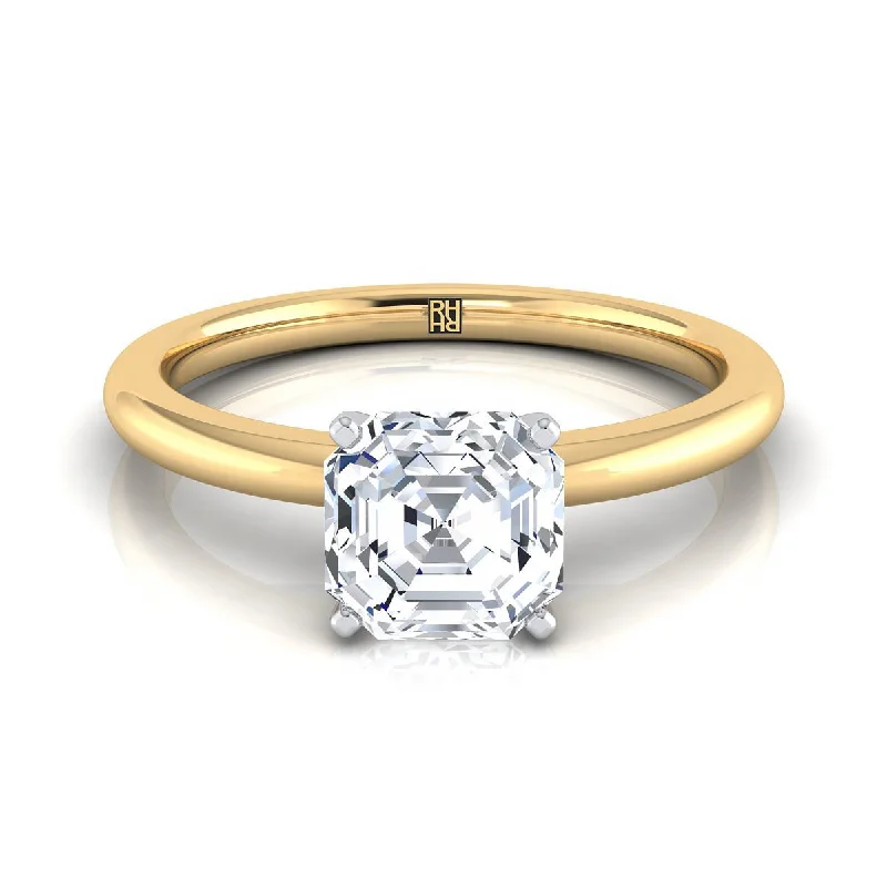 sterling silver rings for men-18K Yellow Gold Asscher Cut  Round Comfort Fit Claw Prong Solitaire Engagement Ring