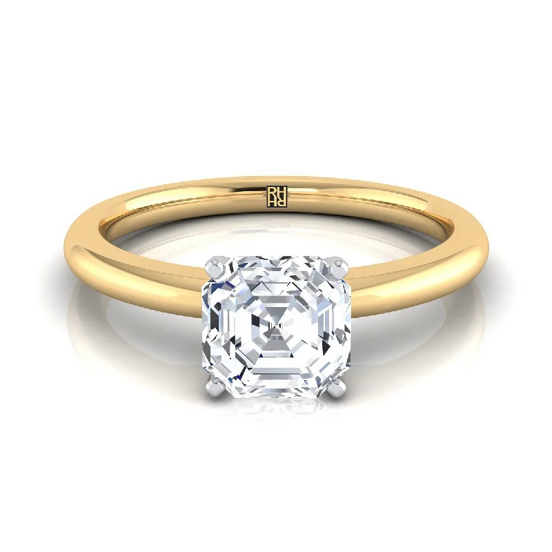 vintage-inspired engagement rings-18K Yellow Gold Asscher Cut  Round Comfort Fit Claw Prong Solitaire Engagement Ring