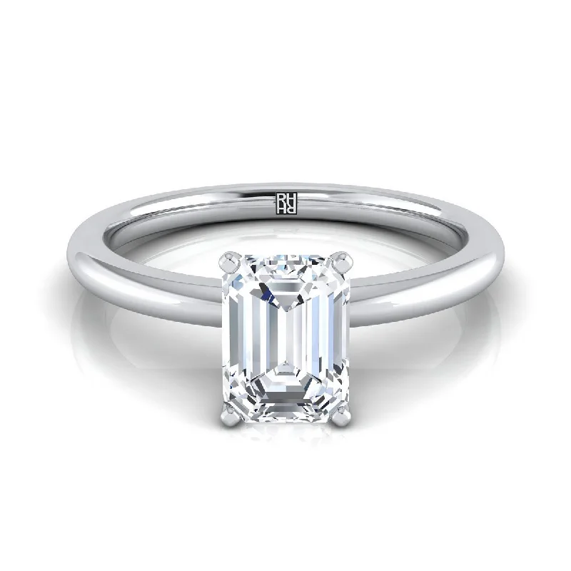 men’s gold engagement rings-18K White Gold Emerald Cut  Round Comfort Fit Claw Prong Solitaire Engagement Ring