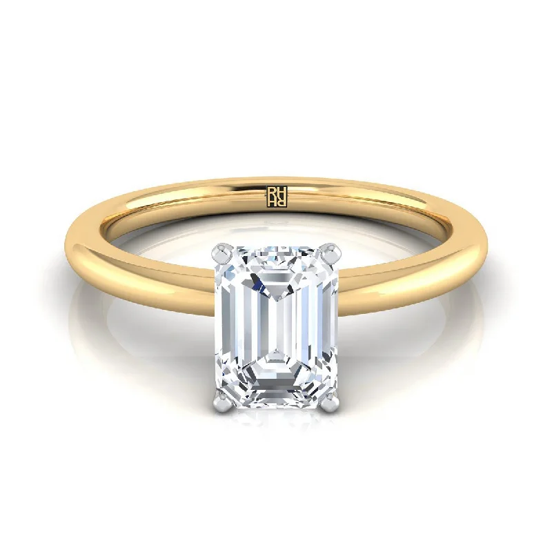 unique diamond rings for women-18K Yellow Gold Emerald Cut  Round Comfort Fit Claw Prong Solitaire Engagement Ring