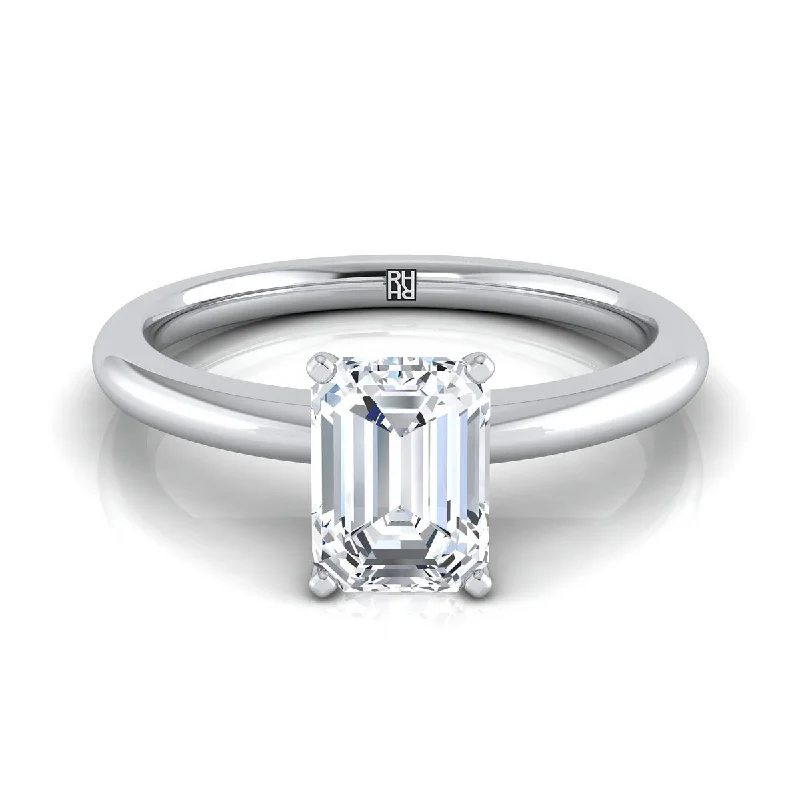 men’s classic wedding bands-18K White Gold Emerald Cut  Round Comfort Fit Claw Prong Solitaire Engagement Ring