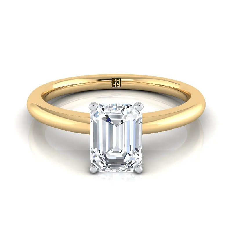 stackable wedding bands for women-18K Yellow Gold Emerald Cut  Round Comfort Fit Claw Prong Solitaire Engagement Ring