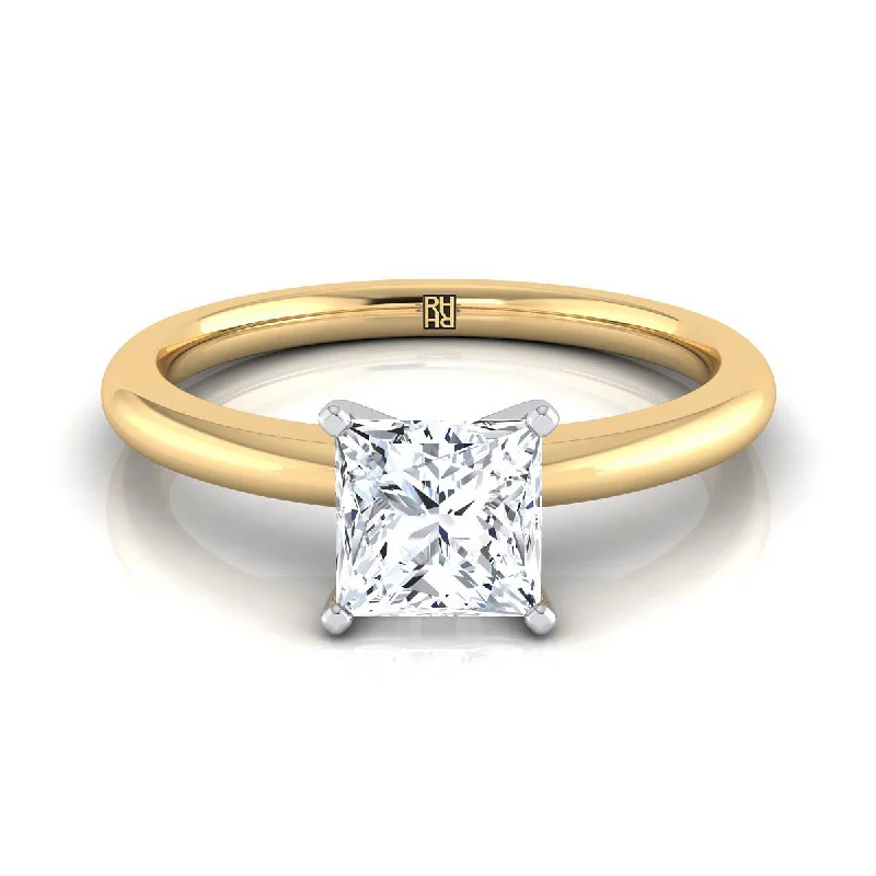 men’s rings with blue diamonds-18K Yellow Gold Princess Cut  Round Comfort Fit Claw Prong Solitaire Engagement Ring