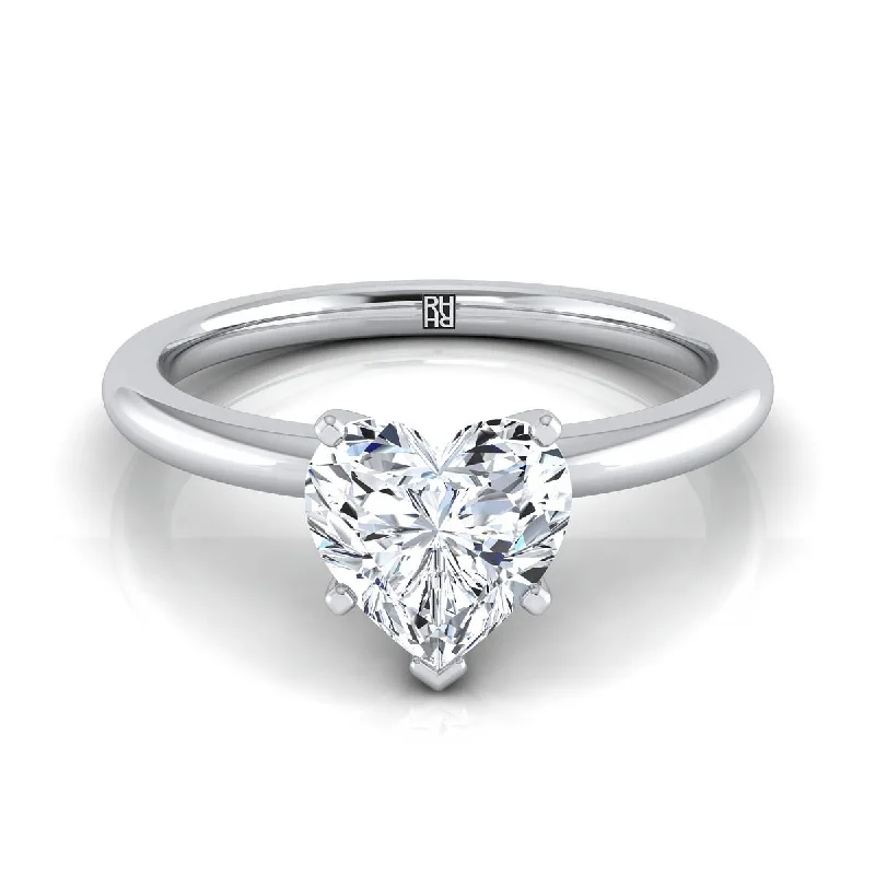 vintage-inspired promise rings-18K White Gold Heart Shape Center  Round Comfort Fit Claw Prong Solitaire Engagement Ring