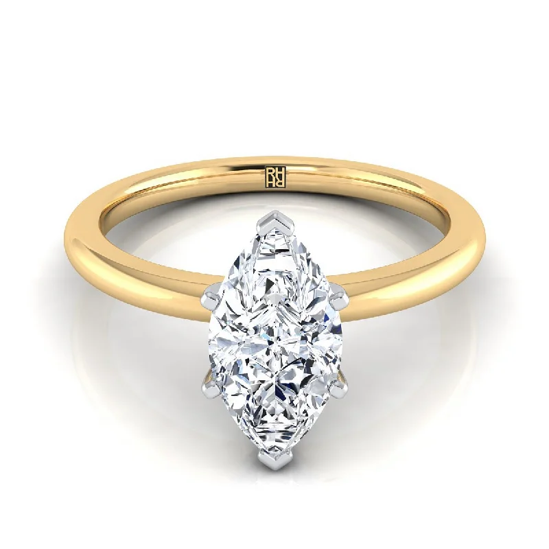 simple silver engagement rings-18K Yellow Gold Marquise   Round Comfort Fit Claw Prong Solitaire Engagement Ring