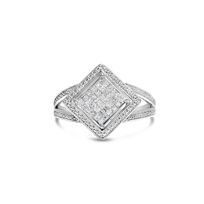 men’s engraved silver rings-.925 Sterling Silver 1/3 Cttw Invisible Set Princess-Cut Diamond Rhombus and Beaded Halo Ring