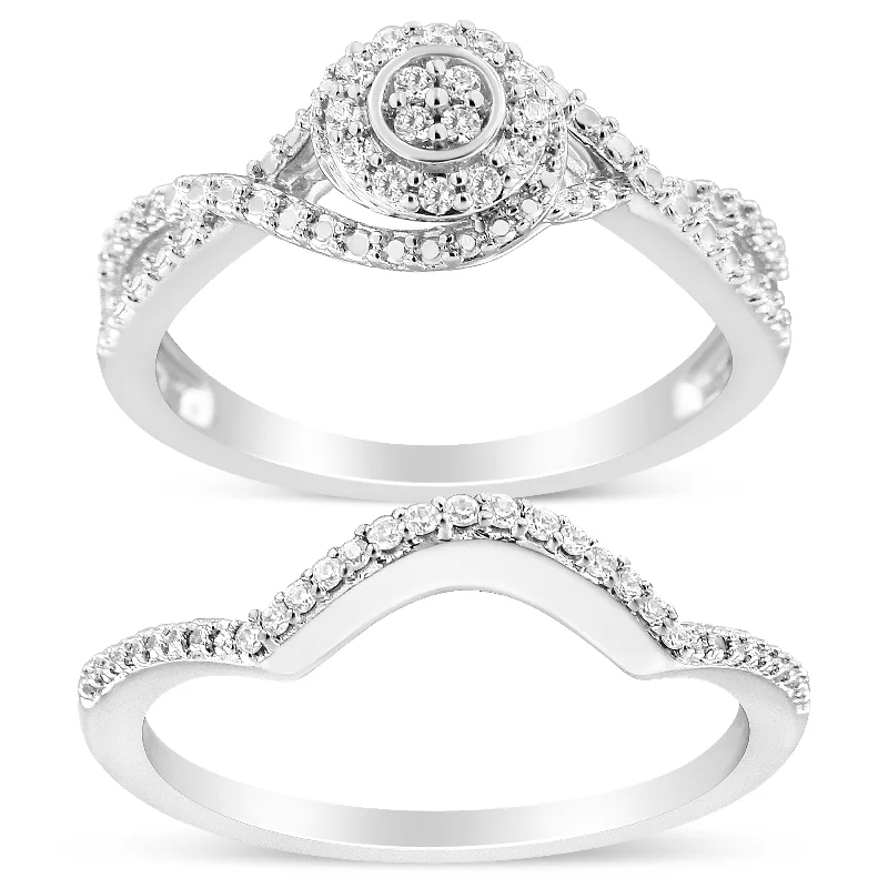 men’s engraved silver rings-.925 Sterling Silver 1/6 Cttw Diamond Composite Halo and Split Shank Bridal Set Ring and Band