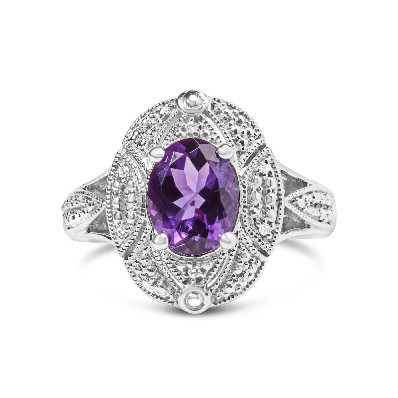 wedding bands with diamonds and sapphires-.925 Sterling Silver 9x7mm Oval Purple Amethyst and Round Diamond Accent Fashion Cocktail Ring