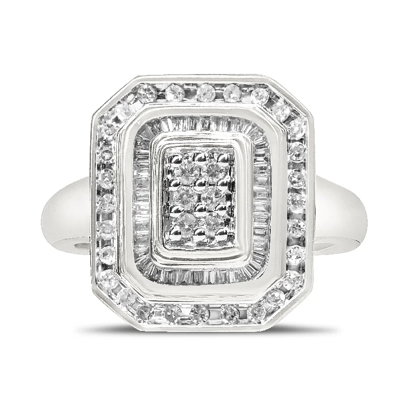 engagement rings with oval diamonds-.925 Sterling Silver Round & Baguette Diamond Ring