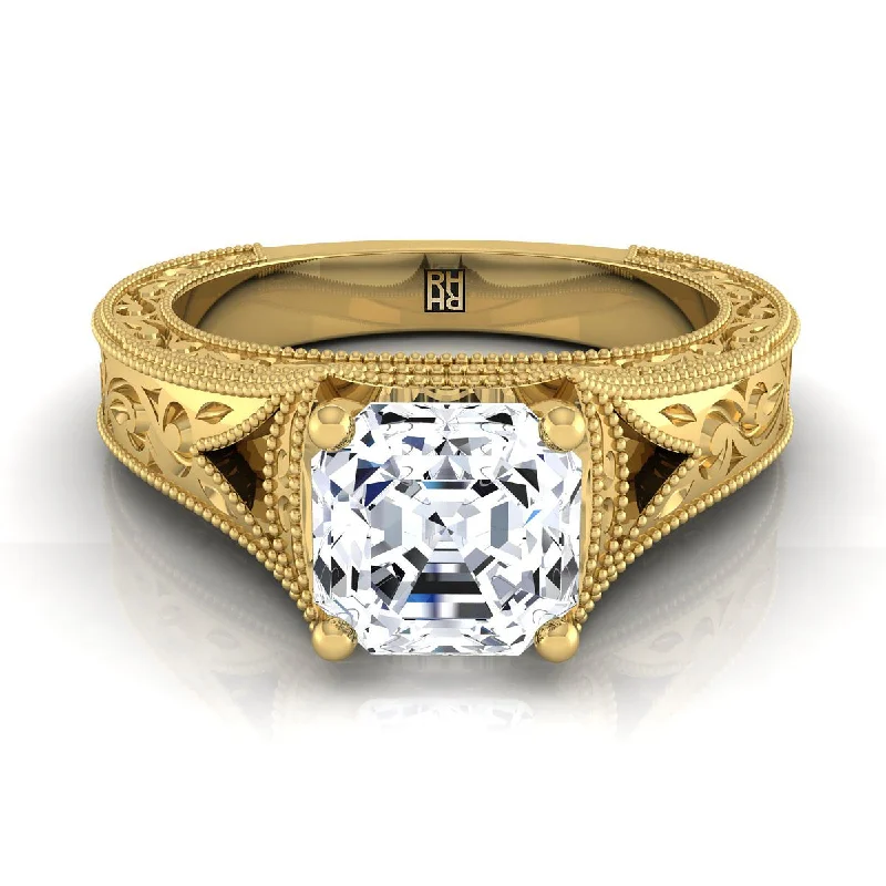 diamond halo engagement rings-18K Yellow Gold Asscher Cut  Hand Engraved and Milgrain Vintage Solitaire Engagement Ring