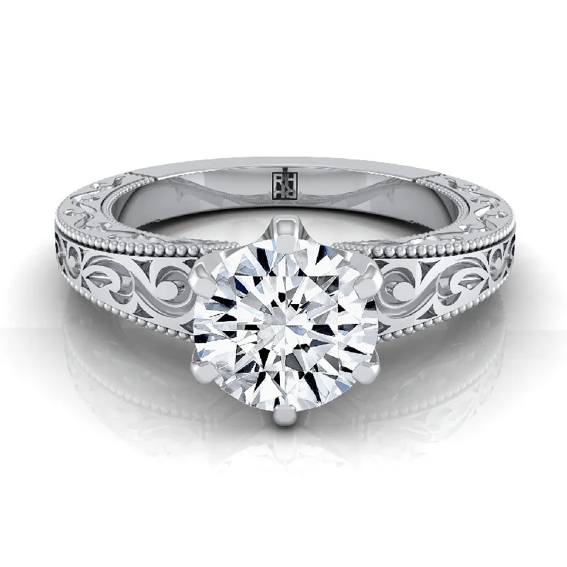 platinum wedding rings for men-18K White Gold Round Brilliant Hand Engraved Scroll Vintage Solitaire Engagement Ring