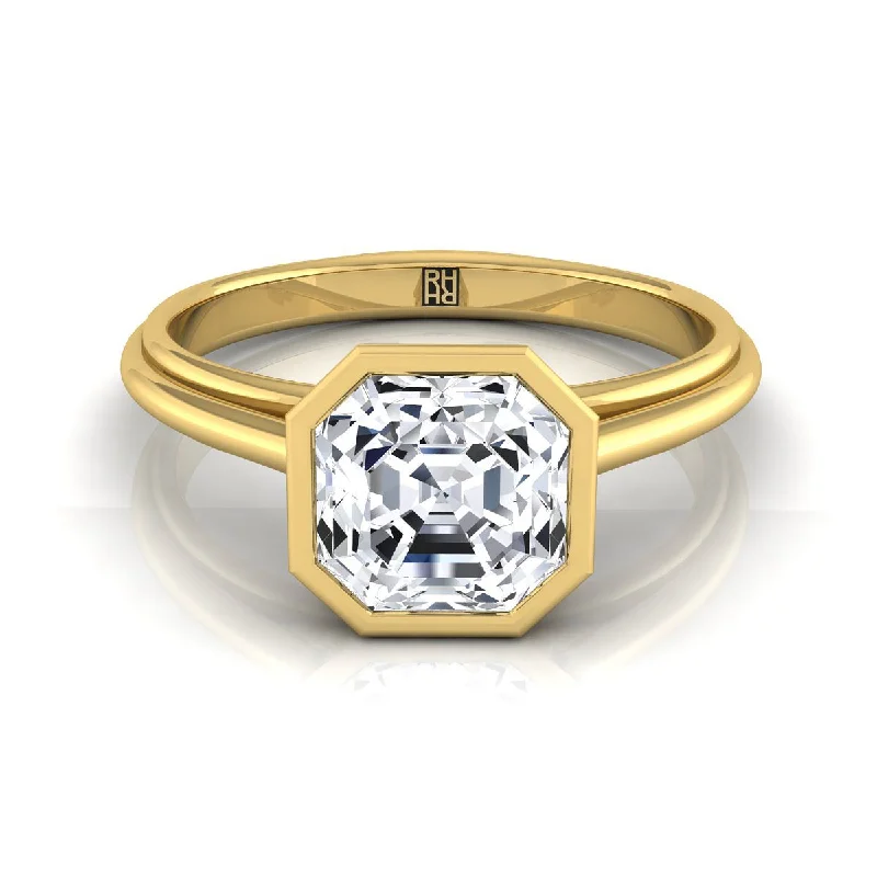 wedding bands with sapphire diamonds-18K Yellow Gold Asscher Cut  Bezel Halo Cathedral Solitaire Engagement Ring