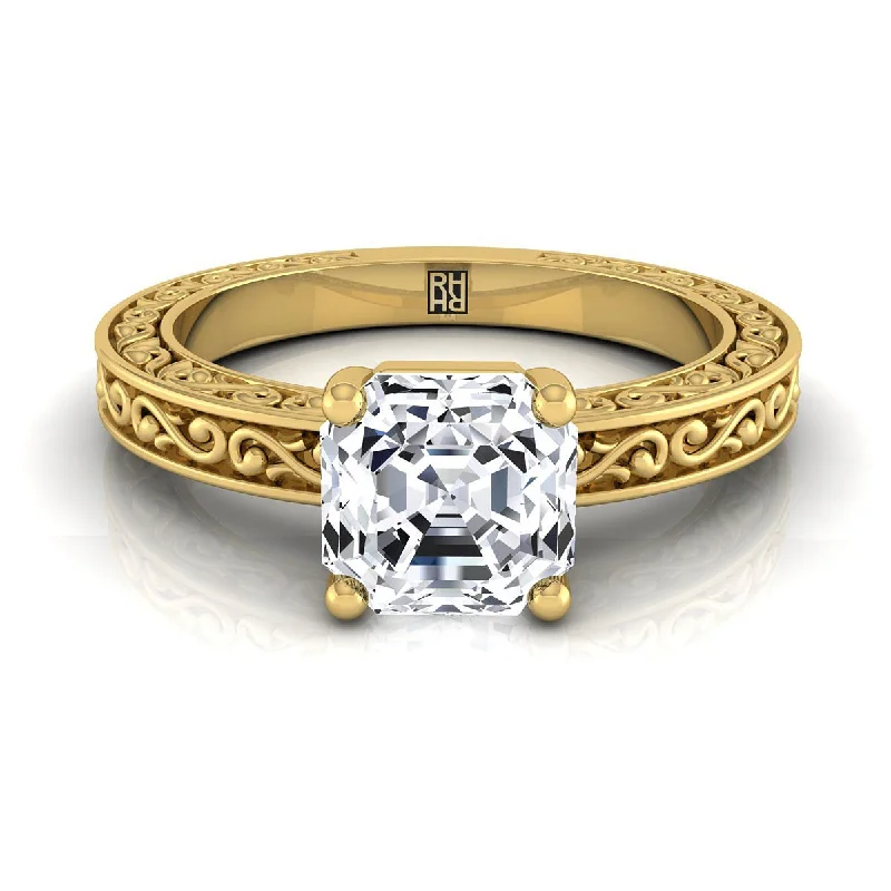 silver wedding bands with diamonds-18K Yellow Gold Asscher Cut Hand Engraved Scroll Vintage Solitaire Engagement Ring