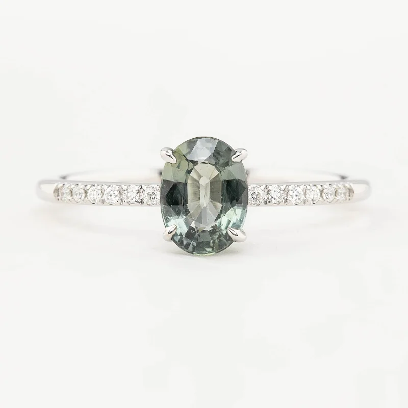 personalized silver wedding bands-Audrey Ring - 1.01ct Light Green Unheated Sapphire, 14k White Gold (One of a kind)