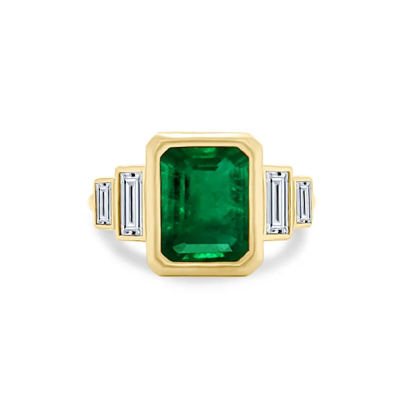 platinum rings for women with diamonds-Bezel Set Emerald Cut Emerald with Double Baguette Cut Diamond Side Stones