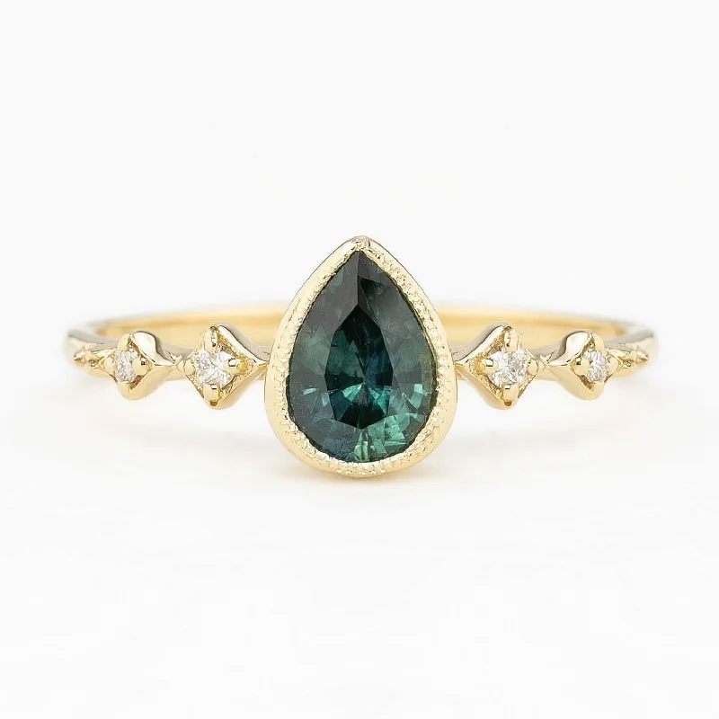 rings for women with ruby stones-Celeste Ring  7x5mm Peacock Green Montana Sapphire Ring, 14k Yellow Gold