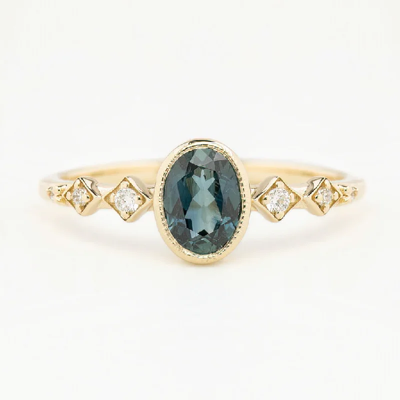 colorful gemstone rings for women-Celeste Ring 0.89ct Unheated Deep Teal Blue Queensland Sapphire, 14K Yellow Gold (One of a kind)