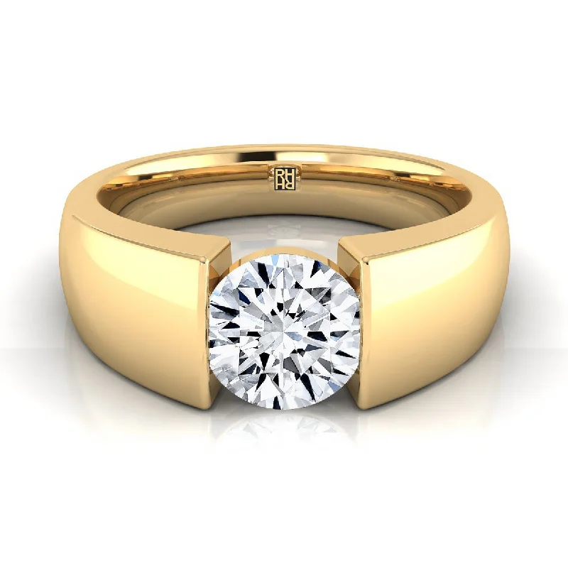 wedding rings with diamond halo settings-18K Yellow Gold Round Brilliant  Wide High Polish Band Tension Set Solitaire Engagement Ring