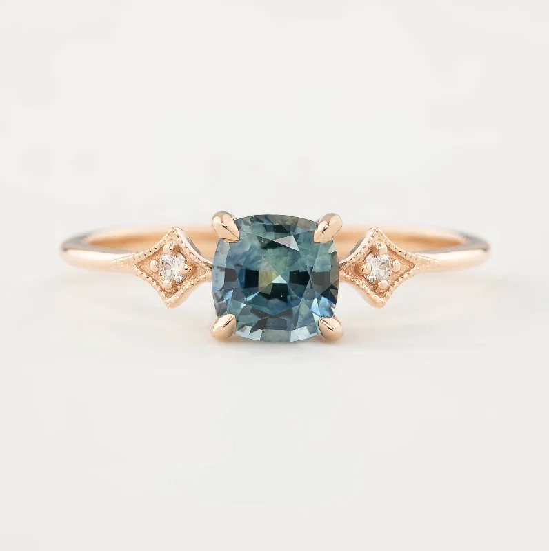 custom silver wedding rings-Charlene Ring 0.92ct Blue Green Cushion Cut Montana Sapphire, 14k Rose Gold (One of a kind)