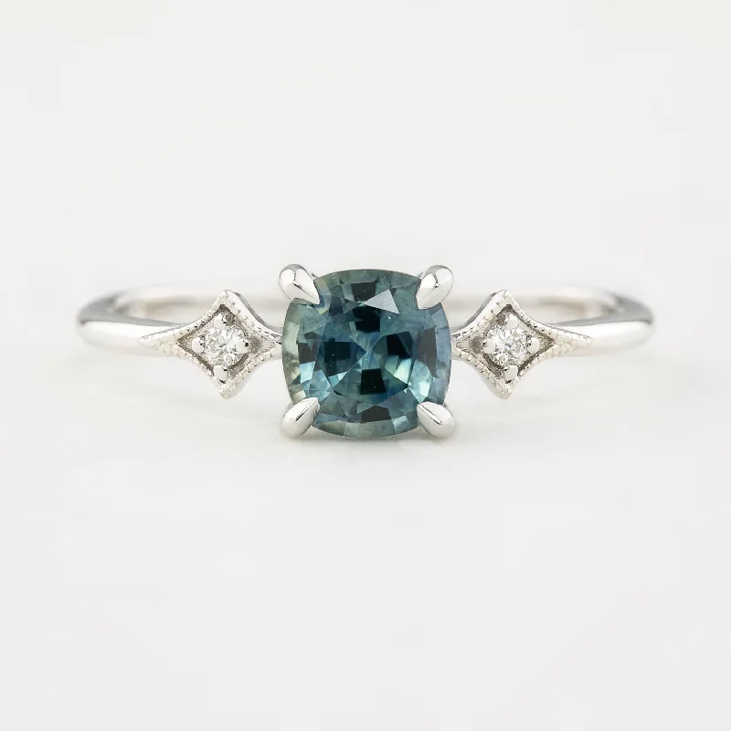 women’s promise rings with engravings-Charlene Ring 0.98ct Teal Blue Cushion Cut Montana Sapphire, 14k White Gold (One of a kind)