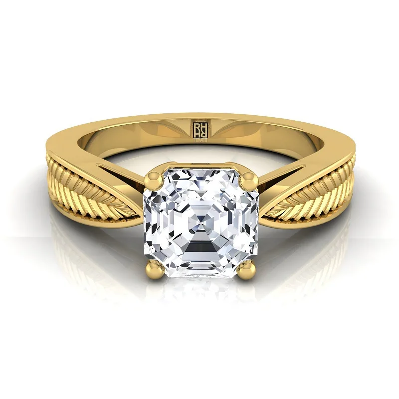 men’s wedding bands with rare gemstones-18K Yellow Gold Asscher Cut Vintage Inspired Leaf Pattern Pinched Solitaire Engagement Ring