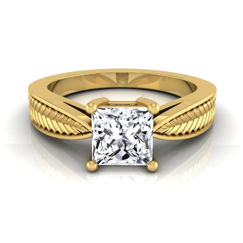 men’s classic wedding bands-18K Yellow Gold Princess Cut Vintage Inspired Leaf Pattern Pinched Solitaire Engagement Ring