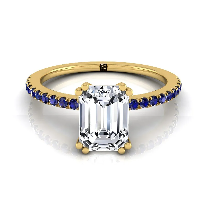 men’s wedding bands with diamonds and sapphires-18K Yellow Gold Emerald Cut  Simple French Pave Double Claw Prong Diamond Engagement Ring