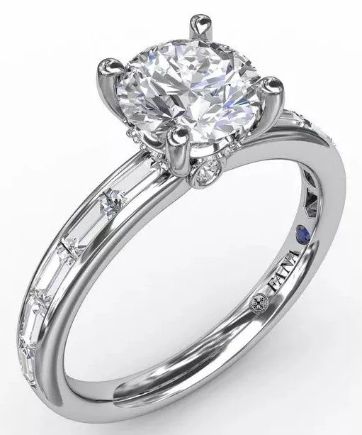 anniversary rings with diamonds-Classic Round Diamond Solitaire Engagement Ring with Baguette Diamond Shank