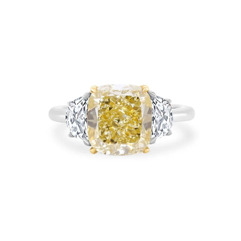 modern engagement rings with sapphire-Cushion Cut Yellow Diamond with Half Moon Cut Side Stones