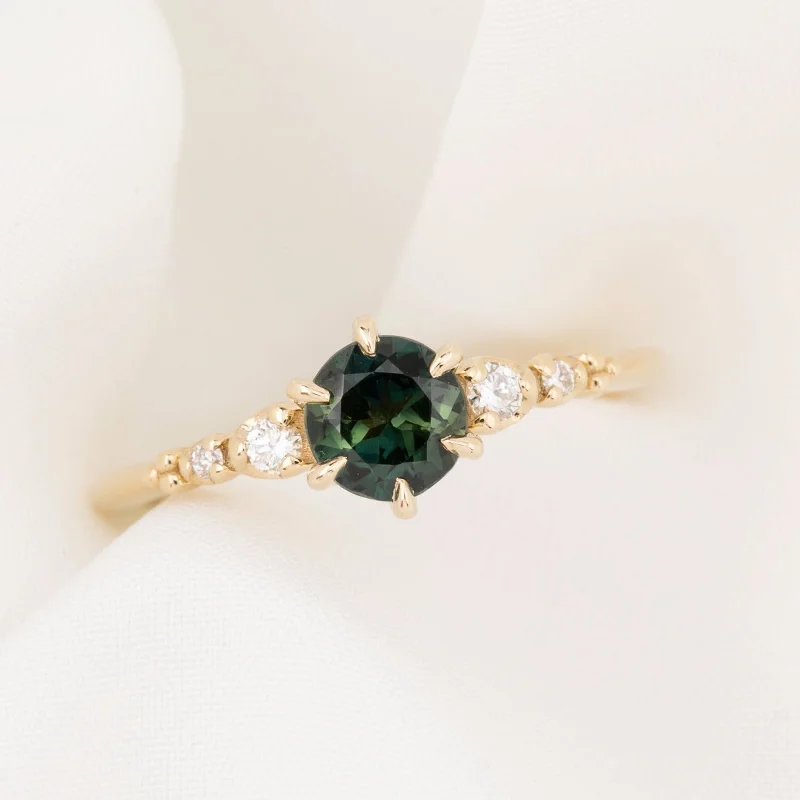 wedding rings for petite hands-Estel Fleur Six Prongs Ring 0.76ct Green Australia Sapphire, 14k Yellow Gold (One of a kind)