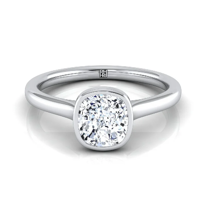 engagement rings with princess-cut diamonds-18K White Gold Cushion  Simple Bezel Solitaire Engagement Ring