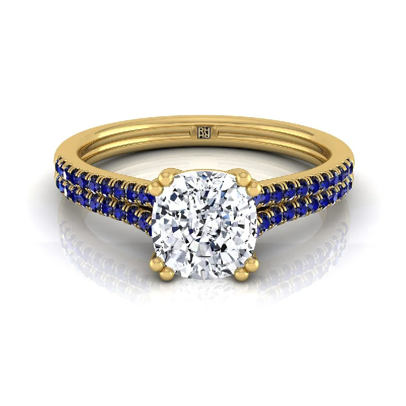 custom-designed engagement rings-18K Yellow Gold Cushion  Double Row Double Prong French Pave Diamond Engagement Ring