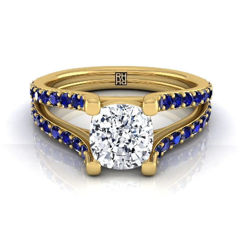 men’s rings with blue diamonds-18K Yellow Gold Cushion Prong Set Sapphire Split Shank Engagement Ring