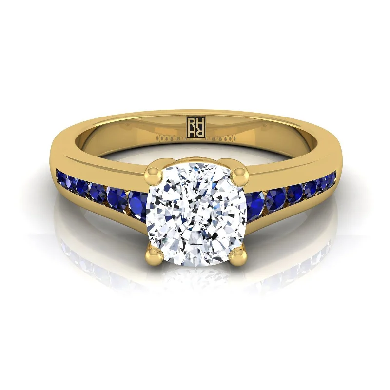 vintage gold engagement rings-18K Yellow Gold Cushion Contemporary Tapered Blue Sapphire Channel Engagement Ring