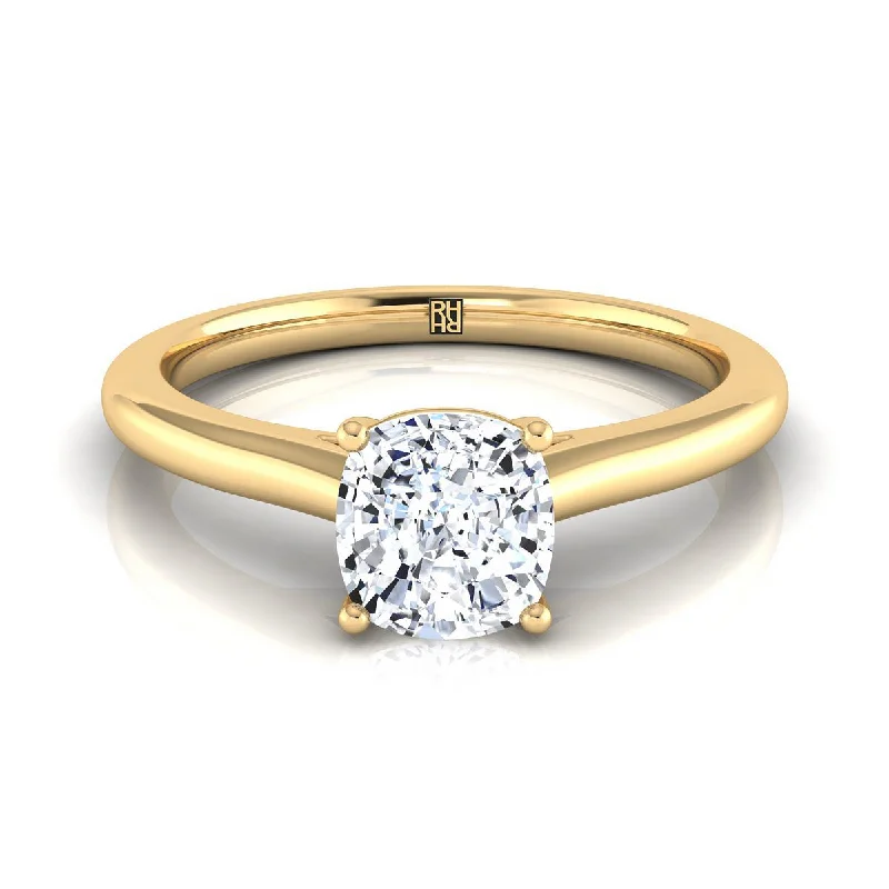 wedding bands with diamonds for petite hands-18K Yellow Gold Cushion  Pinched Comfort Fit Claw Prong Solitaire Engagement Ring