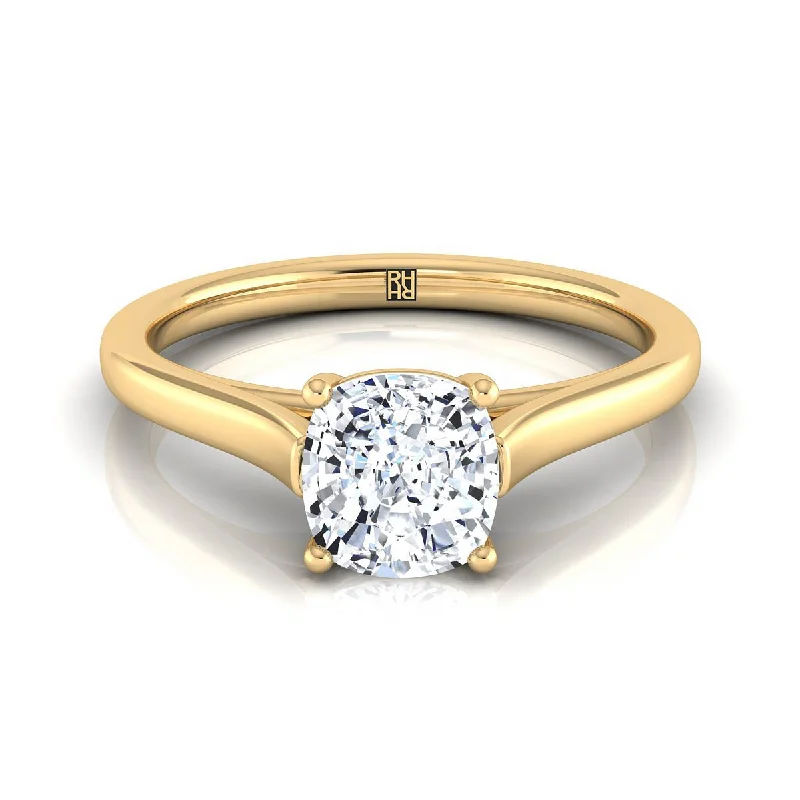 silver wedding bands with diamonds-18K Yellow Gold Cushion  Elegant Cathedral Solitaire Engagement Ring