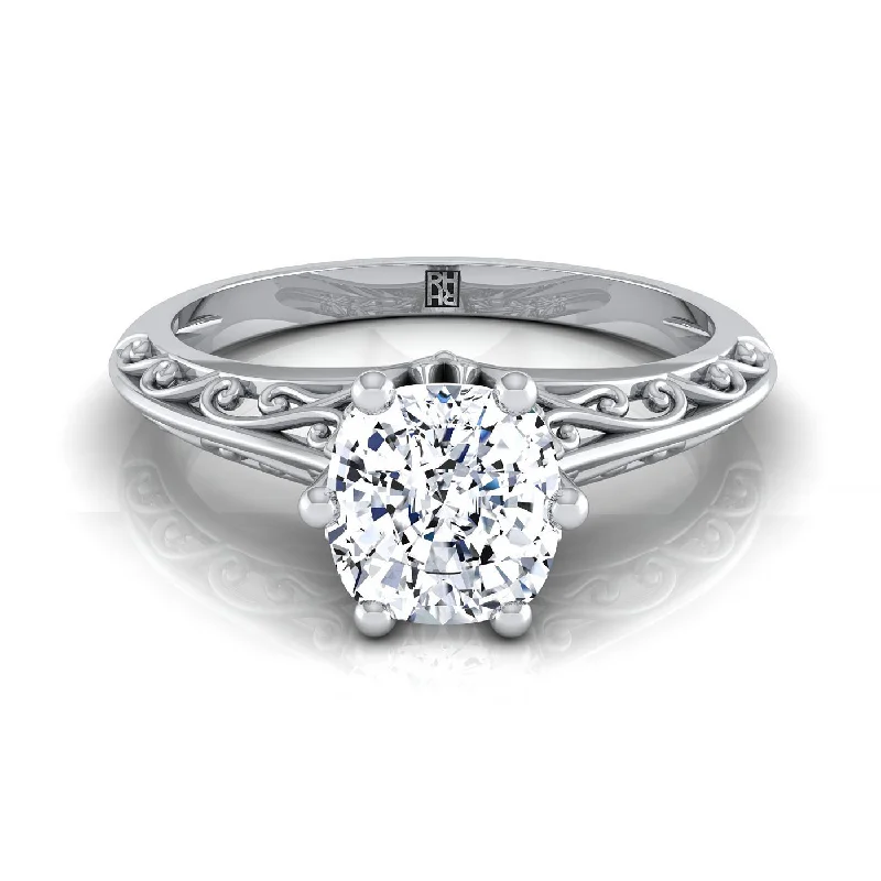 gemstone rings for women with topaz-18K White Gold Cushion  Delicate Vintage Scroll Cut Out Solitaire Engagement Ring