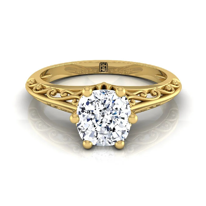 simple diamond engagement rings for women-18K Yellow Gold Cushion  Delicate Vintage Scroll Cut Out Solitaire Engagement Ring