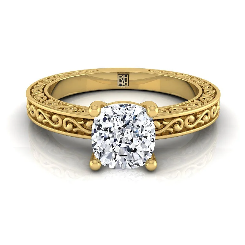 antique-inspired wedding rings-18K Yellow Gold Cushion Hand Engraved Scroll Vintage Solitaire Engagement Ring