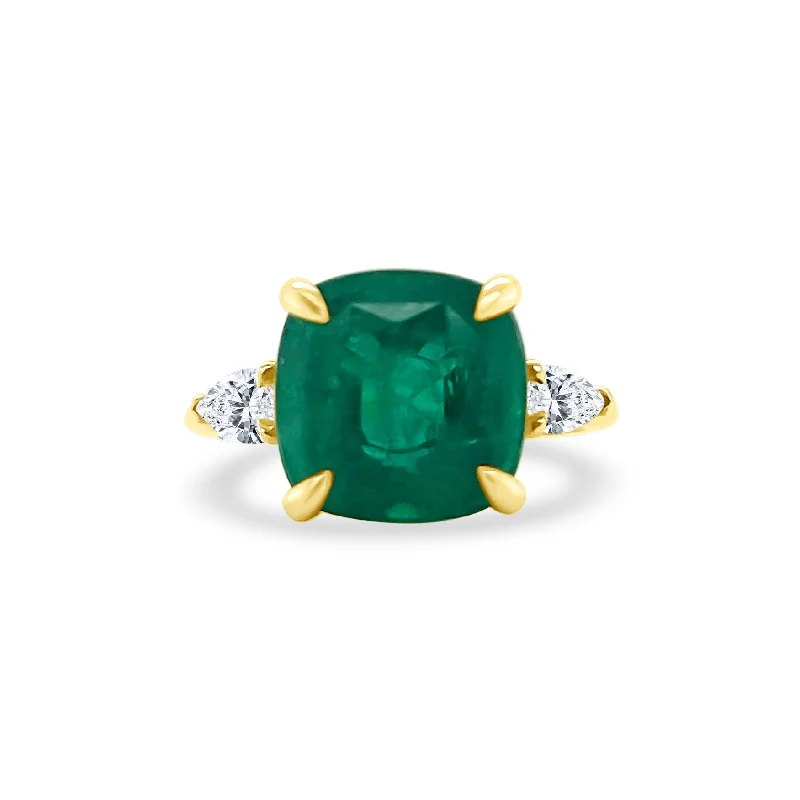 engagement rings with three stones-Cushion Cut Emerald with Pear Cut Diamond Side Stones