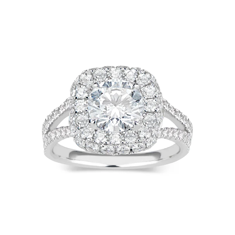 stackable rings with diamonds-Cushion Double Edge Halo Diamond Engagement Ring with Split Shank