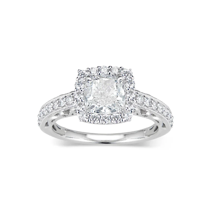 platinum wedding bands with diamond accents-Cushion Halo Diamond Engagement Ring with Milgrain