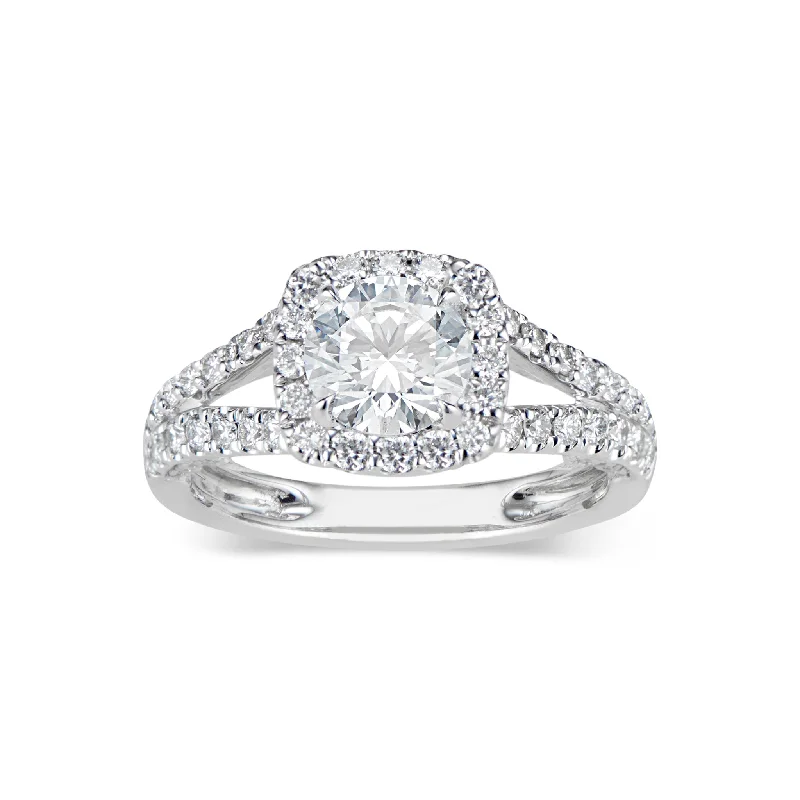 engagement rings with diamond bands for women-Cushion Halo Diamond Engagement Ring with Split Shank & Diamond Bridge