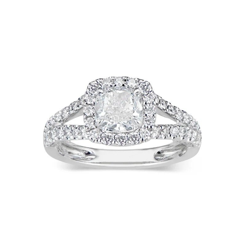 custom rings with engravings-Cushion Halo Diamond Engagement Ring with Split Shank & Diamond Filigree