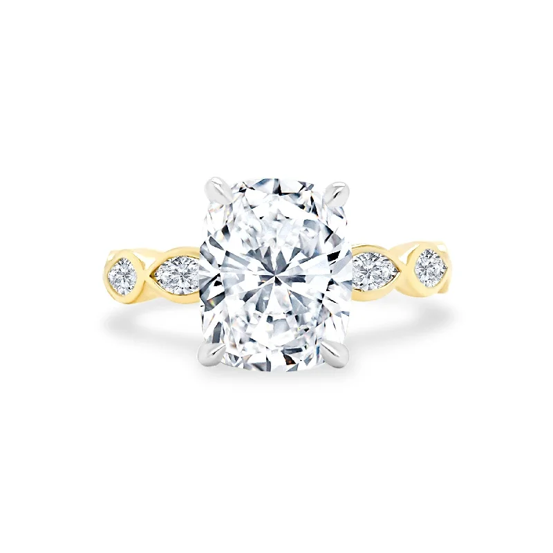 diamond wedding rings with side stones-Cushion Cut Diamond with Marquise Bezel Band