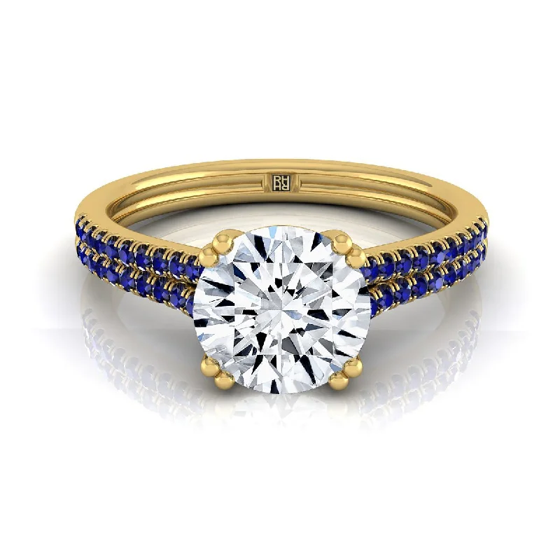 wedding bands with rubies and sapphires-18K Yellow Gold Round Brilliant  Double Row Double Prong French Pave Diamond Engagement Ring