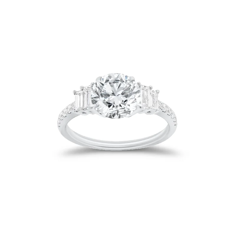 vintage platinum engagement rings-Diamond Engagement Ring with Baguette Side Stones